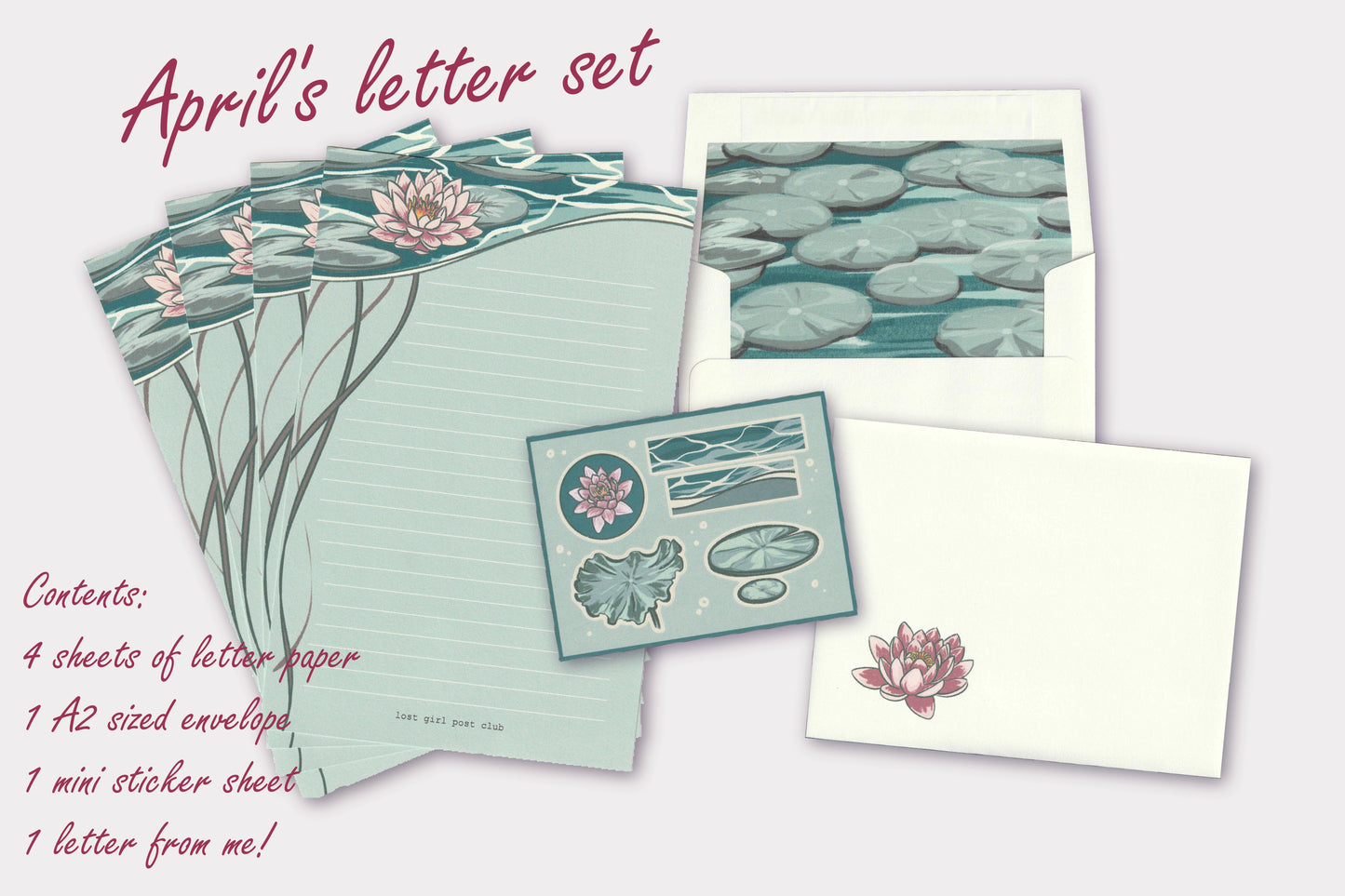 Stationery set with waterlily design on letter paper, envelopes, and stickers.